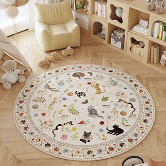 Round Rug Washable Circle Non Slip Low Pile Boho Floral Animal Cat Circular For Bedroom Office