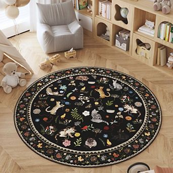 Round Rug Washable Circle Non Slip Low Pile Boho Floral Animal Cat Circular For Bedroom Office