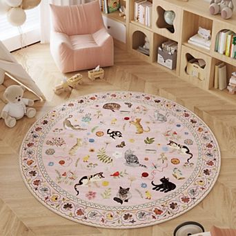Round Rug Washable Circle Non Slip Low Pile Boho Floral Animal Cat Circular For Bedroom Office