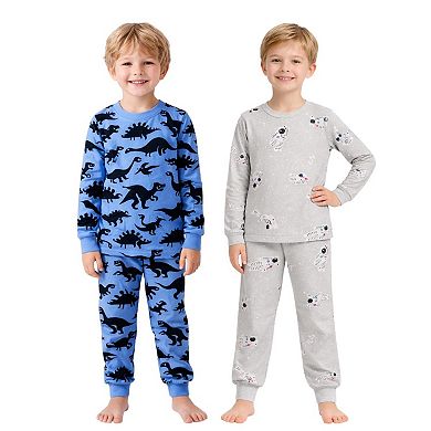 Kids Boys Dark Dinosaurs Astronauts 2-Pack Pajamas Snug Fit PJs Long Sleeve