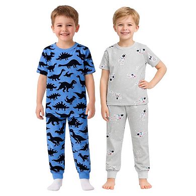 Kids Boys Dark Dinosaurs Astronauts 2-Pack Pajamas Snug Fit PJs Short Sleeve