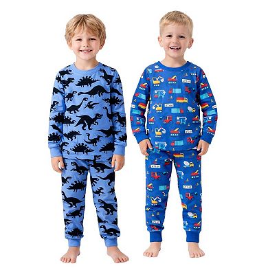 Kids Boys Dark Dinosaurs Cars 2-Pack Pajamas Snug Fit PJs Long Sleeve