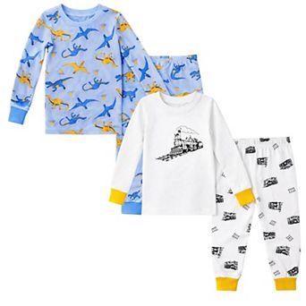 Kids Boys Blue Dinosaurs Trains 2-Pack Pajamas Snug Fit PJs Long Sleeve