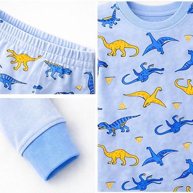 Kids Boys Blue Dinosaurs Trains 2-Pack Pajamas Snug Fit PJs Long Sleeve