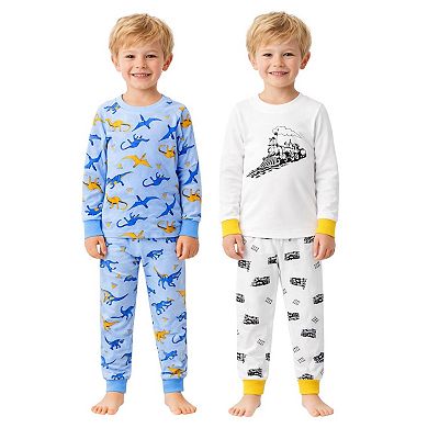 Kids Boys Blue Dinosaurs Trains 2-Pack Pajamas Snug Fit PJs Long Sleeve