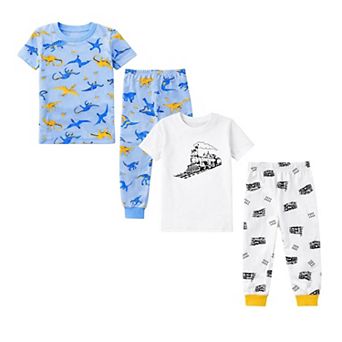 Kids Boys Blue Dinosaurs Trains 2-Pack Pajamas Snug Fit PJs Short Sleeve