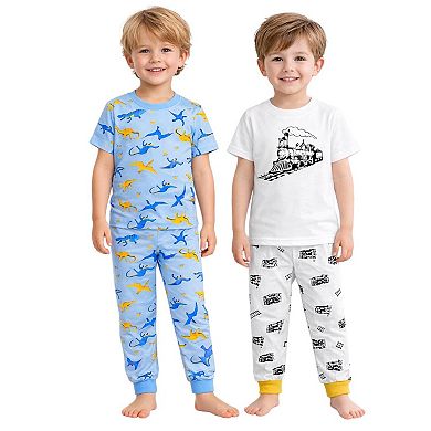 Kids Boys Blue Dinosaurs Trains 2-Pack Pajamas Snug Fit PJs Short Sleeve