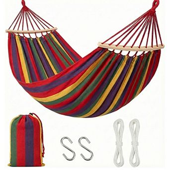 Portable Fabric Stiped Hammock with Wood Spreader Bars Carry Bag S-Hooks and Ropes