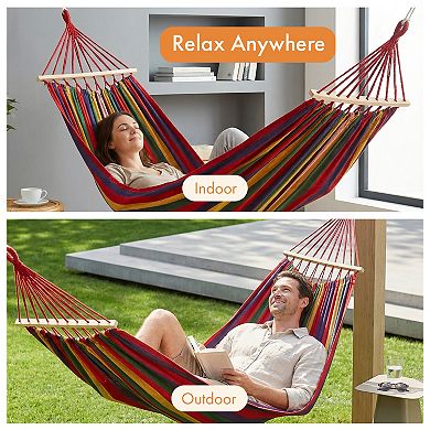Portable Fabric Stiped Hammock with Wood Spreader Bars Carry Bag S-Hooks and Ropes