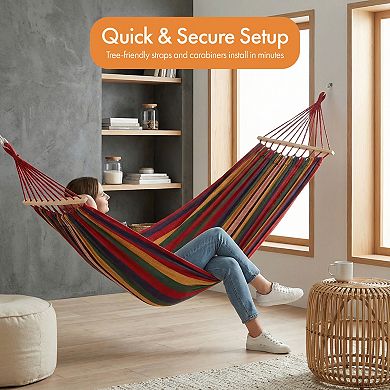 Portable Fabric Stiped Hammock with Wood Spreader Bars Carry Bag S-Hooks and Ropes