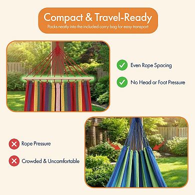 Portable Fabric Stiped Hammock with Wood Spreader Bars Carry Bag S-Hooks and Ropes
