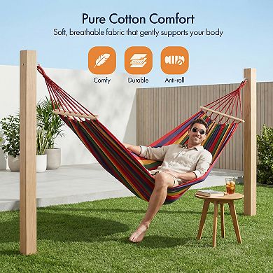 Portable Fabric Stiped Hammock with Wood Spreader Bars Carry Bag S-Hooks and Ropes