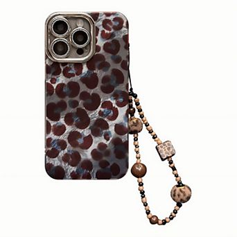 Leopard Pattern Phone Case with Beaded Strap Glossy Protective Cover