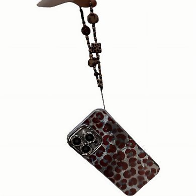 Leopard Pattern Phone Case with Beaded Strap Glossy Protective Cover