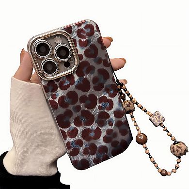 Leopard Pattern Phone Case with Beaded Strap Glossy Protective Cover