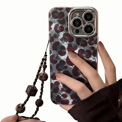 Leopard Pattern Phone Case with Beaded Strap Glossy Protective Cover