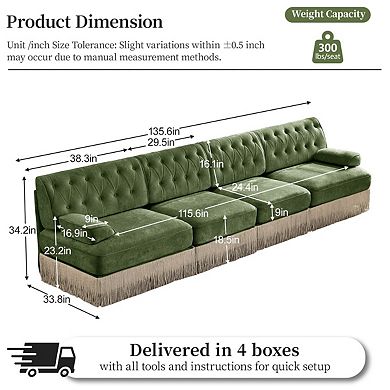 Button-Tufted Modular Sectional Sofa with Fringe Skirt Base-Sillysis