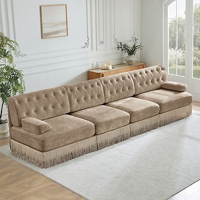 Button-Tufted Modular Sectional Sofa with Fringe Skirt Base-Sillysis