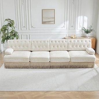 Button-Tufted Modular Sectional Sofa with Fringe Skirt Base-Sillysis