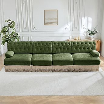 Button-Tufted Modular Sectional Sofa with Fringe Skirt Base-Sillysis