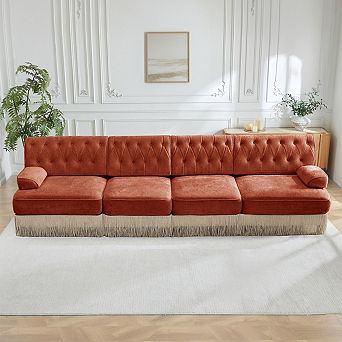 Button-Tufted Modular Sectional Sofa with Fringe Skirt Base-Sillysis