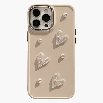 Pearl and Heart Embellished Phone Case Raised Iridescent Heart Design Protective Cover