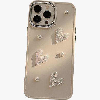 Pearl and Heart Embellished Phone Case Raised Iridescent Heart Design Protective Cover