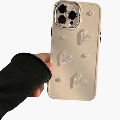 Pearl and Heart Embellished Phone Case Raised Iridescent Heart Design Protective Cover