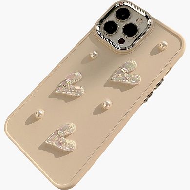 Pearl and Heart Embellished Phone Case Raised Iridescent Heart Design Protective Cover