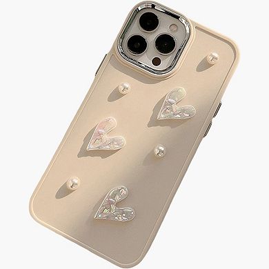 Pearl and Heart Embellished Phone Case Raised Iridescent Heart Design Protective Cover