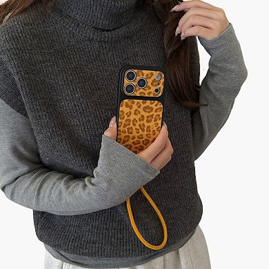 Leopard Print Phone Case with Wrist Strap Textured Back Protective Shock Resistant Cover