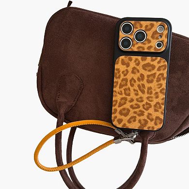 Leopard Print Phone Case with Wrist Strap Textured Back Protective Shock Resistant Cover
