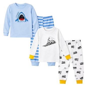 Kids Boys Sharks Trains 2-Pack Pajamas Snug Fit PJs Long Sleeve