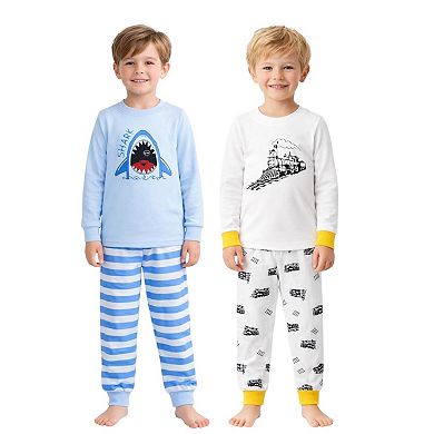Kids Boys Sharks Trains 2-Pack Pajamas Snug Fit PJs Long Sleeve