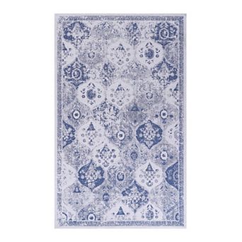 Tiled Border Blue Washable Rug Doormat Rug