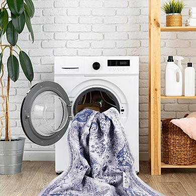 Tiled Border Blue Washable Rug Doormat Rug