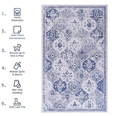 Tiled Border Blue Washable Rug Doormat Rug