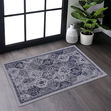 Tiled Border Blue Washable Rug Doormat Rug