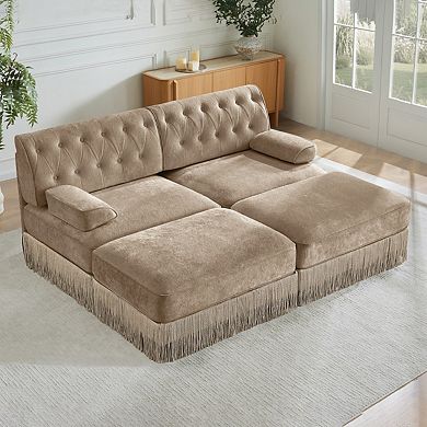 Button-Tufted Velvet Modular Sectional Sofa with Ottomans-Sillysis