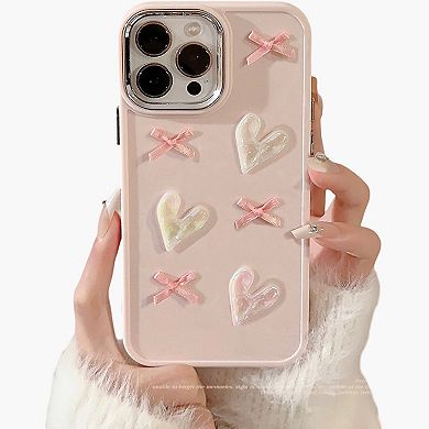 Heart and Bow Phone Case with Glossy Embellished Design Cute Protective Cover