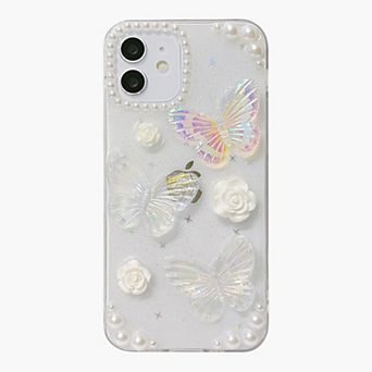 Pearl Butterfly Phone Case with 3D Floral Embellishment Glitter Design Protective Cover