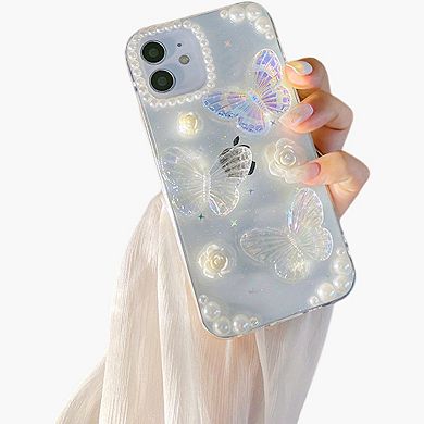 Pearl Butterfly Phone Case with 3D Floral Embellishment Glitter Design Protective Cover
