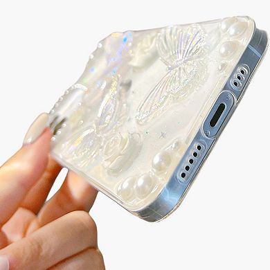 Pearl Butterfly Phone Case with 3D Floral Embellishment Glitter Design Protective Cover