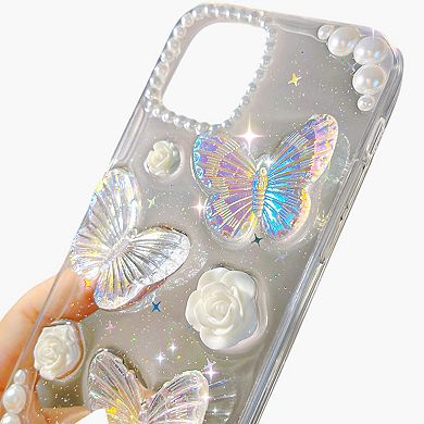 Pearl Butterfly Phone Case with 3D Floral Embellishment Glitter Design Protective Cover