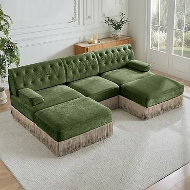 Button-Tufted Modular Velvet Sectional Sofa-Sillysis