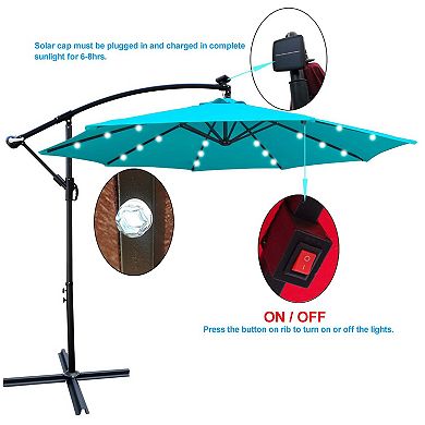 10 ft Outdoor Umbrella Solar Powered Light Sun Shade Market Waterproof with Crank and Cross Base