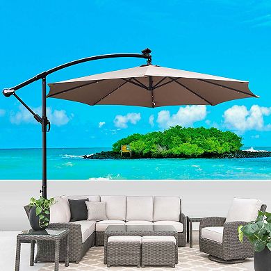 10 ft Outdoor Umbrella Solar Powered Light Sun Shade Market Waterproof with Crank and Cross Base
