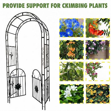 Outdoor Metal Garden Arch with Doors Garden Arbor Trellis Climbing Plants Support Arch