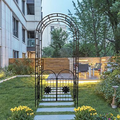 Outdoor Metal Garden Arch with Doors Garden Arbor Trellis Climbing Plants Support Arch