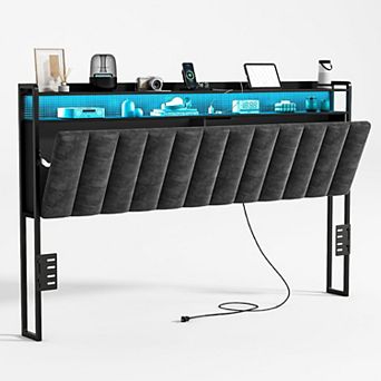 Upholstered Headboard for Bed with Hidden Storage and Charging Station, LED Lights, Adjustable